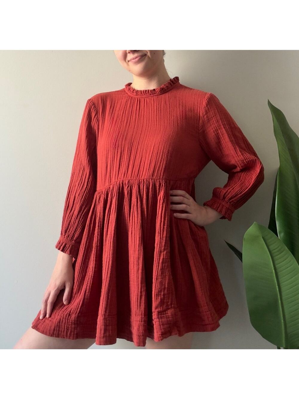Free People 100% Cotton Terracotta Mini Dress gauze fabric keyhole tie ruffle S